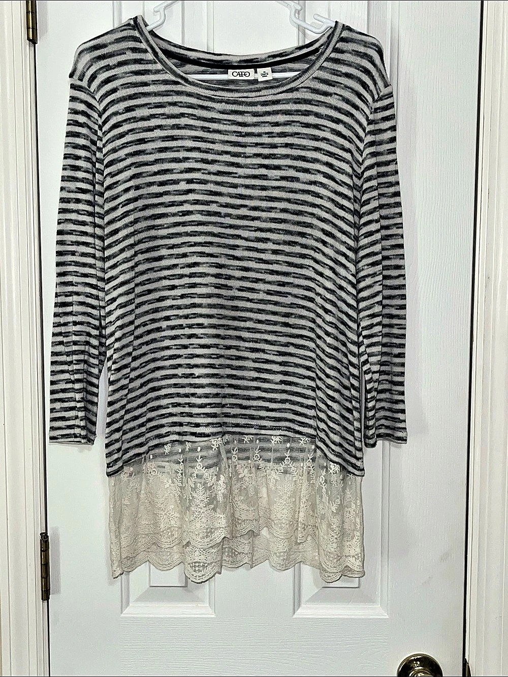 Cato Striped Lace Hem Tunic Gray & White